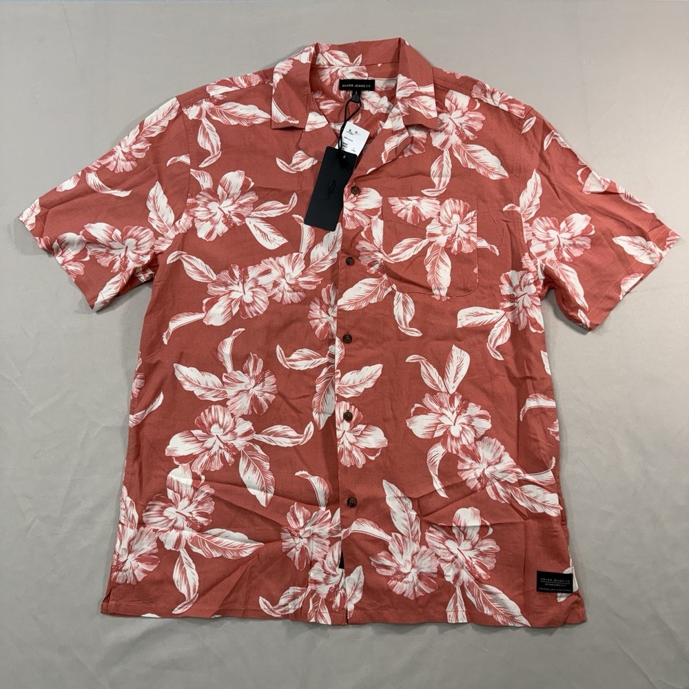 NWT Silver Jeans Co Men's Hawaiian Camp Shirt Large Coral Floral Button Up